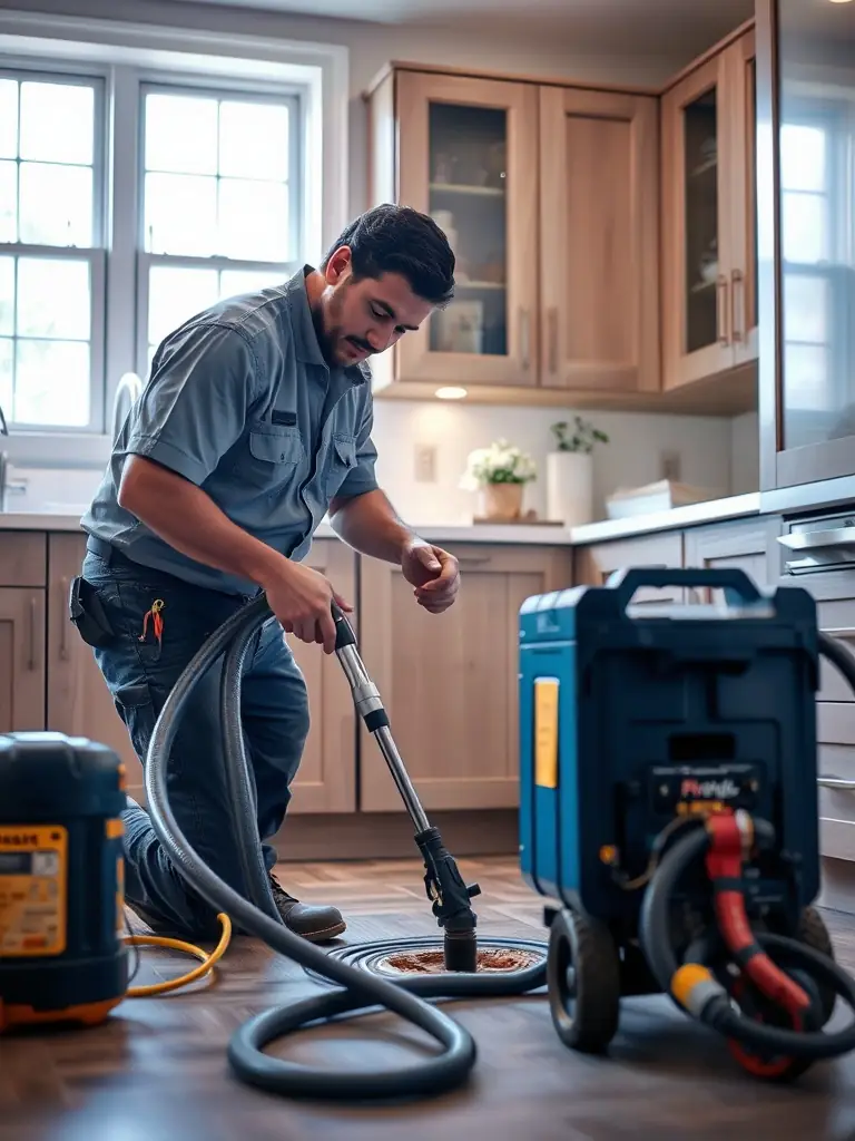 A high-quality photograph of a KC Drain Masters plumber expertly clearing a severely clogged drain using professional-grade equipment, emphasizing the 24/7 emergency service.