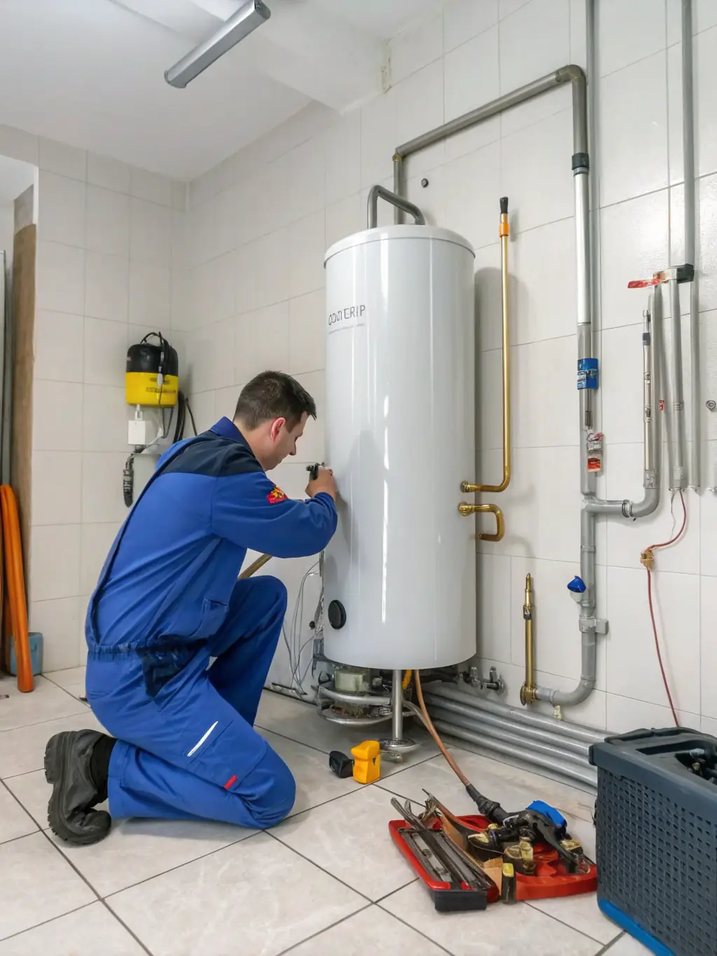 A clear image of a new, energy-efficient water heater being professionally installed by a KC Drain Masters technician in a residential setting.