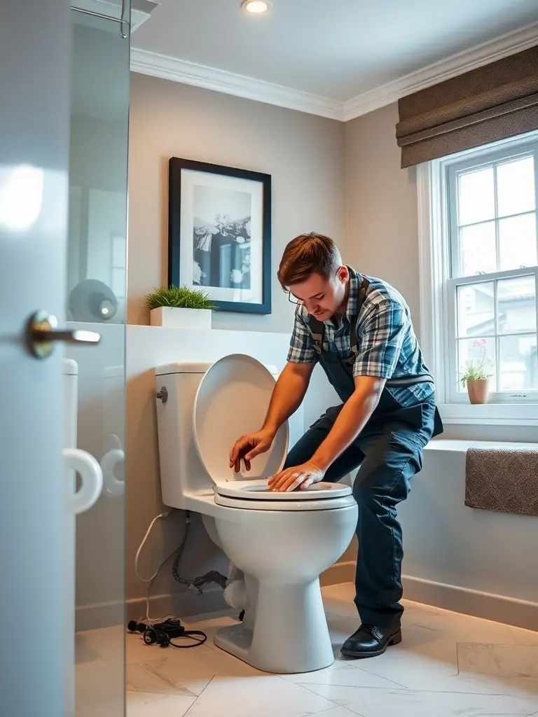 A photograph showcasing a KC Drain Masters plumber carefully installing a modern, water-efficient toilet in a newly renovated bathroom.